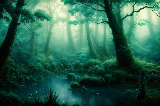 Misty forest wallpaper illustration background night magic jungle trees lake water misty