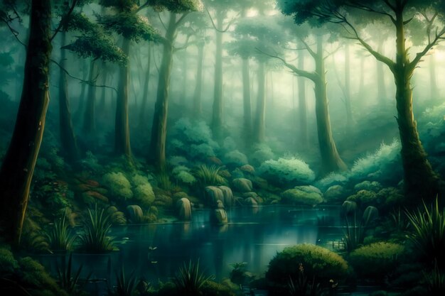 Misty forest wallpaper illustration background night magic jungle trees lake water misty