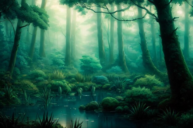 Misty forest wallpaper illustration background night magic jungle trees lake water misty