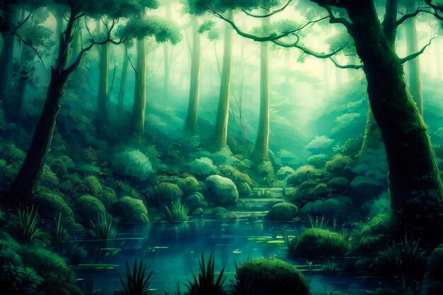 Misty forest wallpaper illustration background night magic jungle trees lake water misty