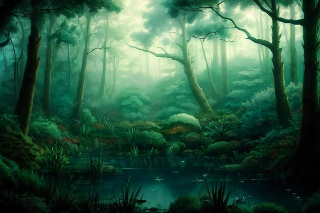 Misty forest wallpaper illustration background night magic jungle trees lake water misty