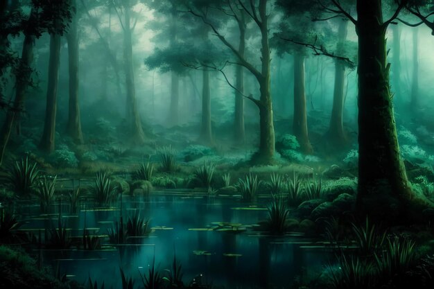 Misty forest wallpaper illustration background night magic jungle trees lake water misty