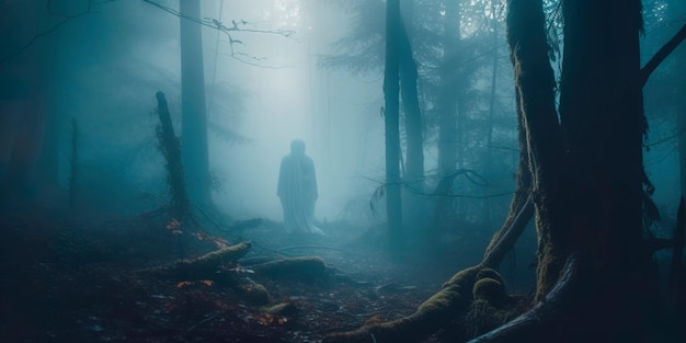 Туманный лес с призрачными видениями и полной луной на заднем плане, передающим жуткую мистическую атмосферу Генеративный ИИ