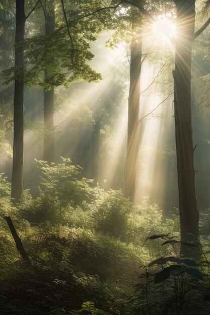 Misty forest with shafts of sunlight piercing through the canopy