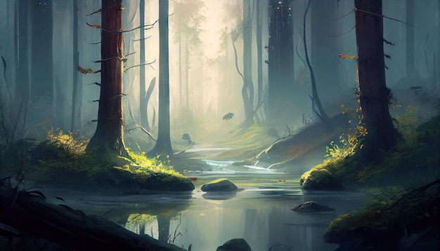 Misty forest with trees and water stream Fairy world Generative AI