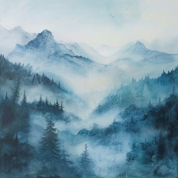 Misty Forests and FogShrouded Mountain Scene