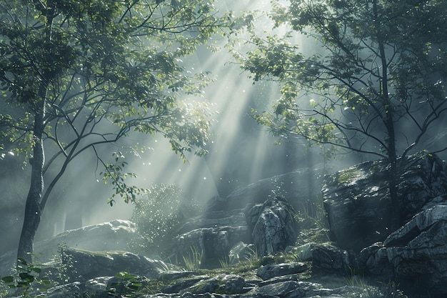 Misty forests with rays of sunlight