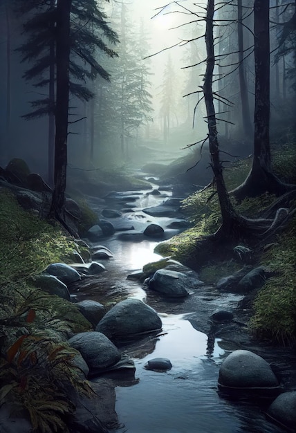 Misty gallery forest with small stream