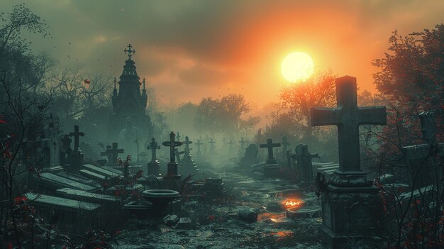 Photo a misty graveyard at twilight crosses wallpaper