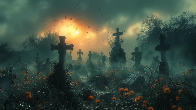 Photo a misty graveyard at twilight crosses wallpaper
