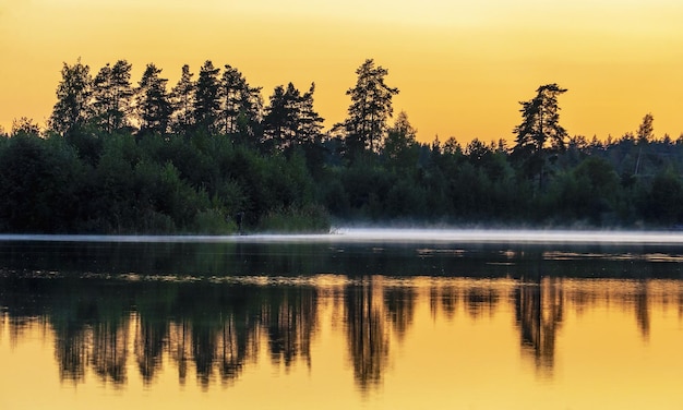 Foschia nebbiosa sull'acqua durante il tramonto