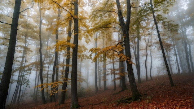 Misty herfst bos met hoge bomen