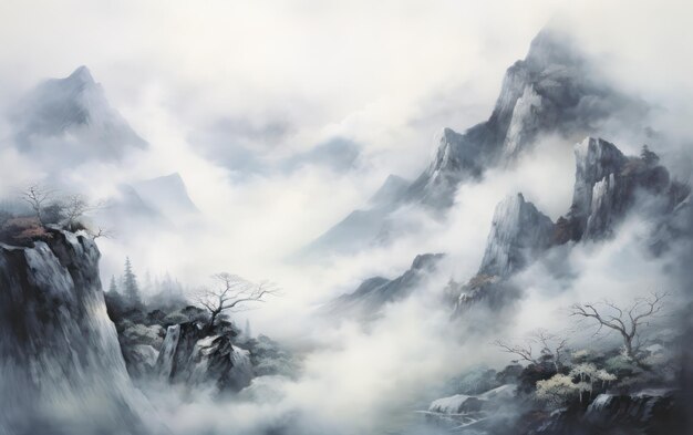 안개 낀 언덕 솜털 구름 중국어 회화 그림