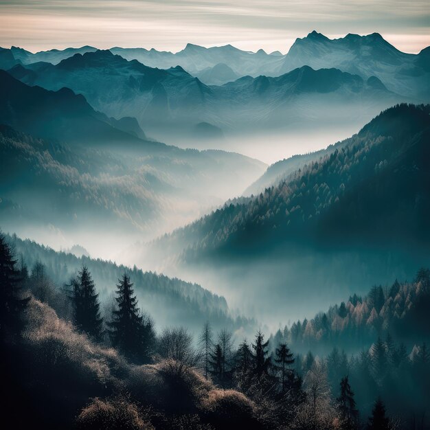 Misty illustration of a mountain range in fog creating a majestic atmosphere Generative AI