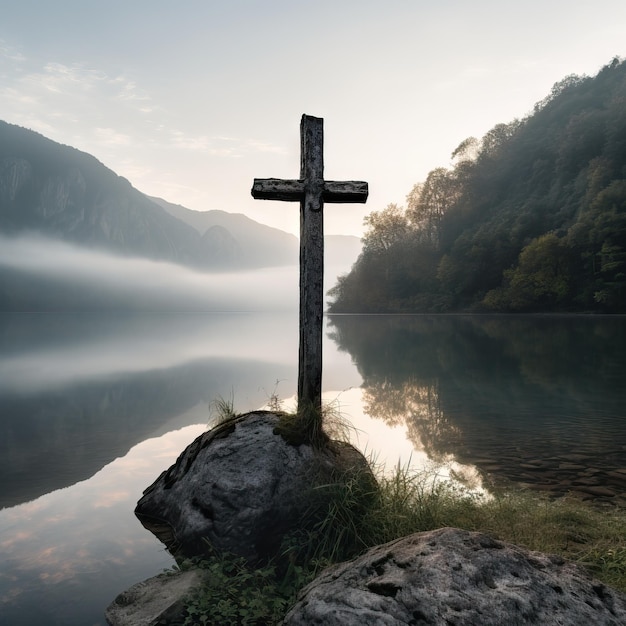 Misty Lake met overwoekerde klimop en majestueuze bergen bij zonsopgang AI gegenereerd