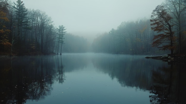 Misty Lake omringd door bomen