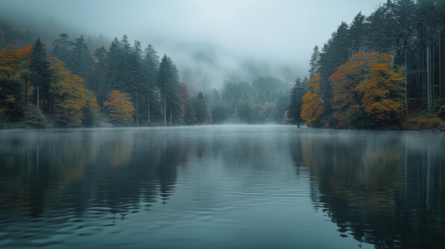 Misty Lake omringd door bomen