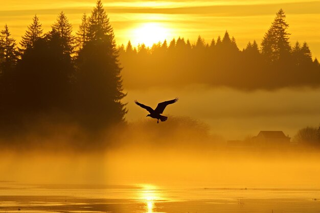 Foto misty lake sunrise boeiende natuurfotografie voor serene landschappen