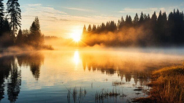 Photo misty lake at sunrise in the forest