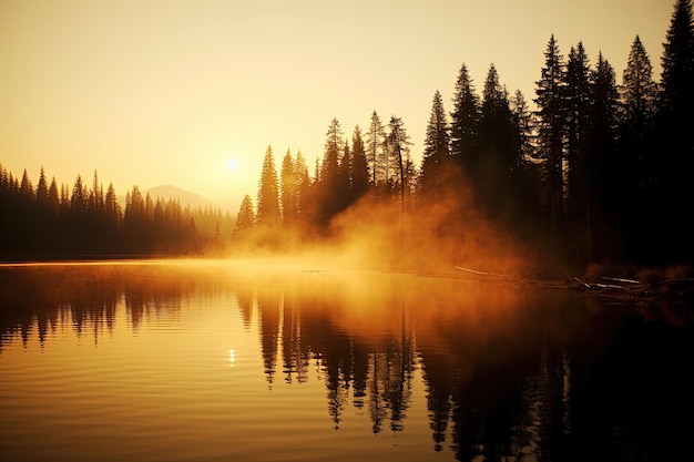 Foto misty lake sunrise schitterende natuurfotografie voor uw projecten