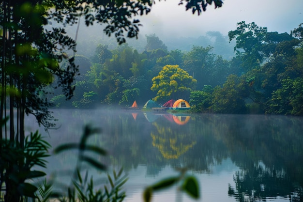 Misty Lake Surrounded by Trees