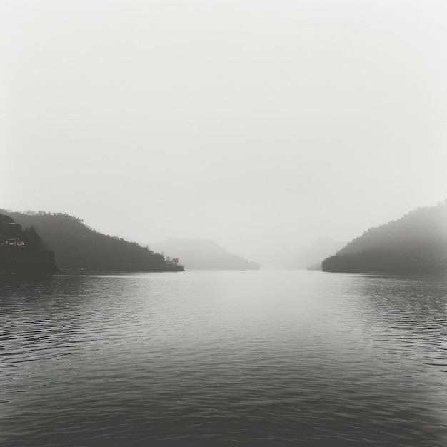 Photo misty lake with mountains in the background