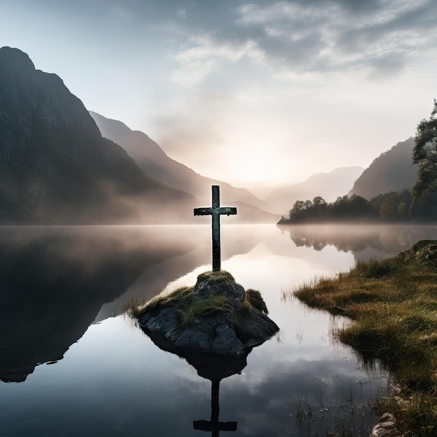 Misty Lake with Overgrown Ivy and Majestic Mountains at Dawn AI Generated