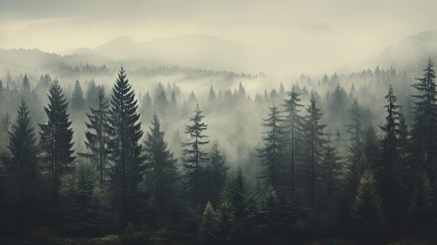 Photo misty landscape featuring a fir forest captured in vintage retro style photography where the soft mist envelops the trees and imparts a timeless quality to the scene