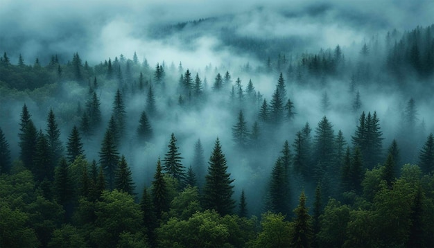 Туманный пейзаж с еловым лесом в хипстерском винтажном ретро-стиле Горный лесный пейзаж
