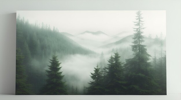 Photo misty landscape with fir forest in hipster vintage retro style