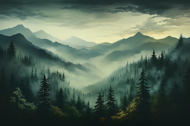 Misty landscape with fir forest in vintage retro style