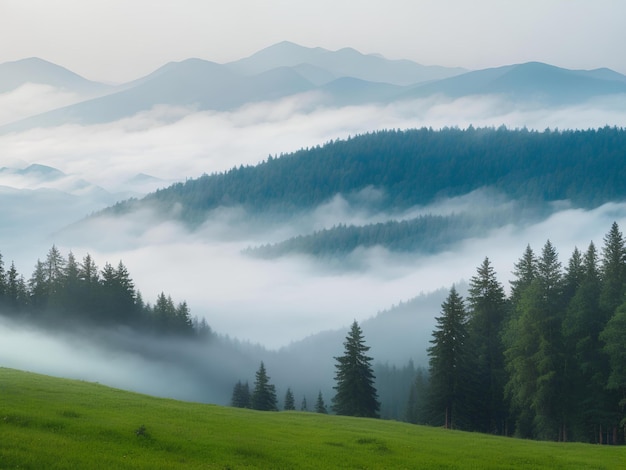 Misty landscape with fir forest