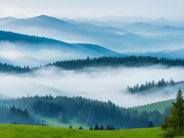 モミの森と霧の風景