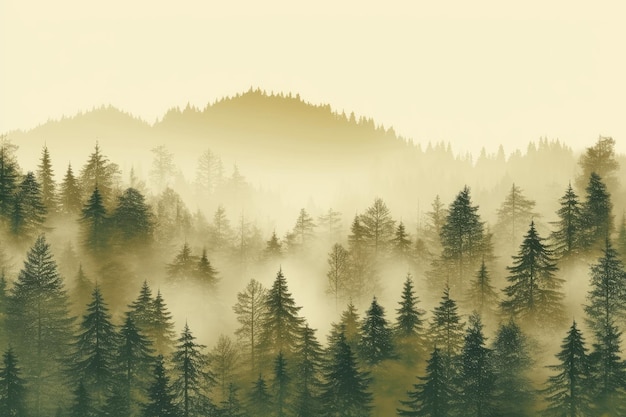 Misty landscape with fir woodland in hipster vintage retro style