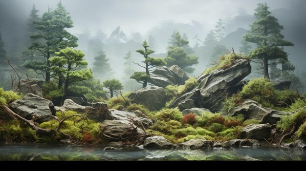 Photo misty landscape a zbrushinspired view of rocky serenity