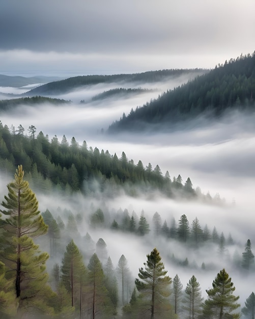 Foto misty landschap met dennenbos in hipster vintage retro stijl