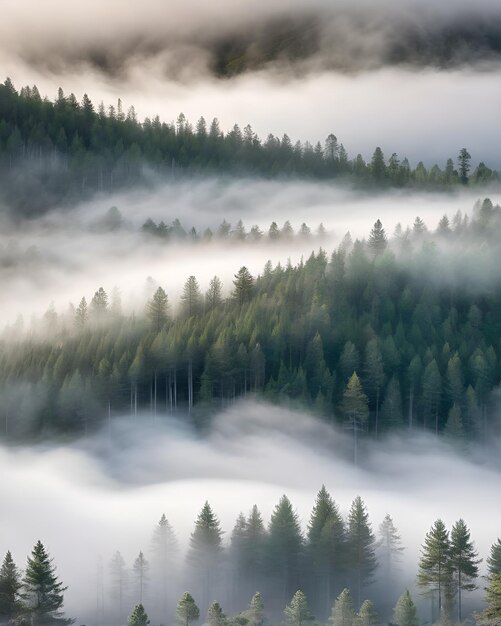 Foto misty landschap met dennenbos in hipster vintage retro stijl