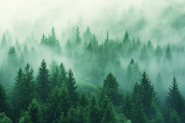 Misty landschap met een bos bedekt met mist onder donkere stormwolken