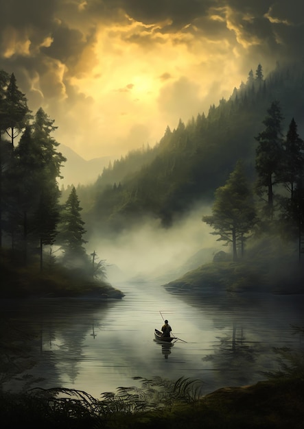 안개가 낀 남자 보트 강 안개 나무 부드러운 빛 떠 있는 혼자 카누 숲 강 호수 차가운 조명
