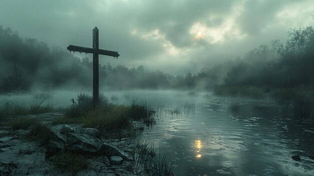 A Misty Marsh With Solitary Cross Sinking Background