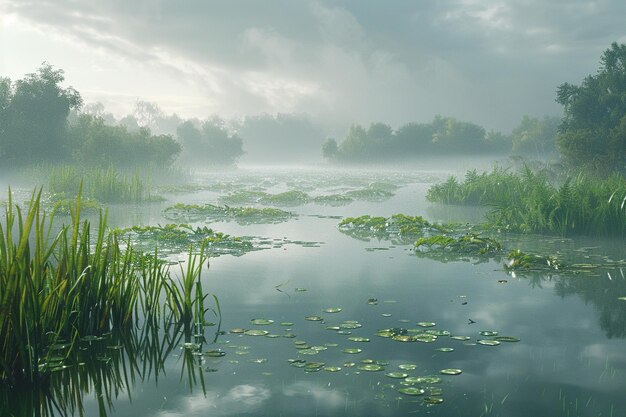 A misty marshland alive with the croak of frogs oc