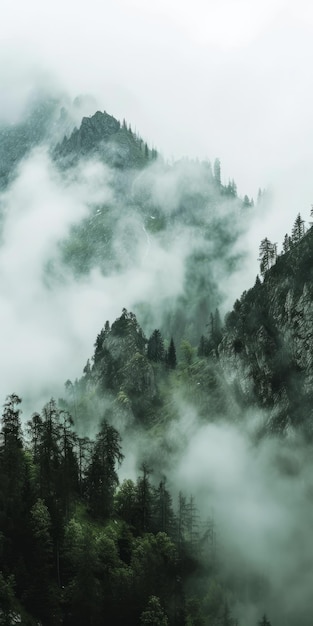 Misty mistig berglandschap met dennenbos en kopie ruimte