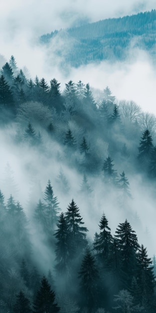 Misty mistig berglandschap met dennenbos en kopie ruimte