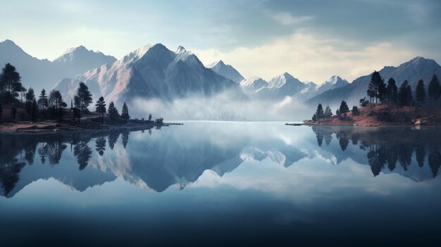 A misty morning over a calm lake with reflections