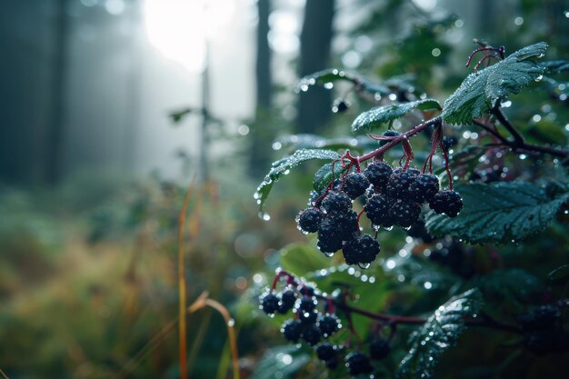 Photo misty morning dew clings to wild blackberries in a serene forest clearing