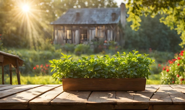 A misty morning garden scene with dewkissed greenery featuring an empty wooden table