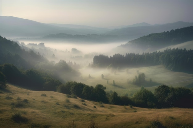 丘の霧の朝 広大な風景を覆う霧の層
