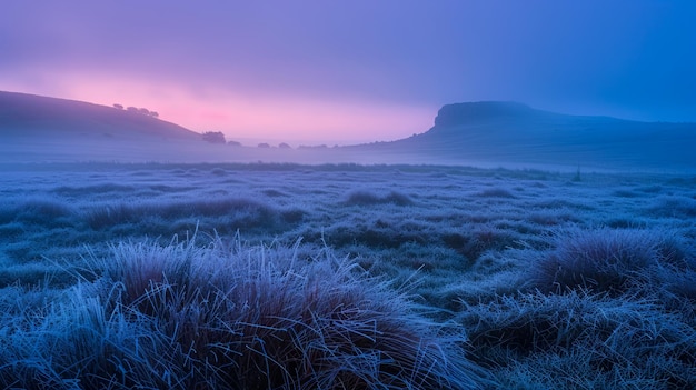 Photo misty morning landscape with frostcovered fields and colorful sunrise sky