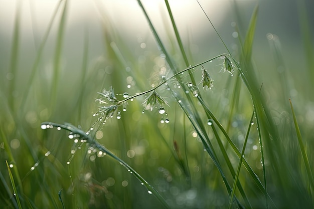 Misty morning meadow with closeup of dewdrop on blade of grass created with generative ai