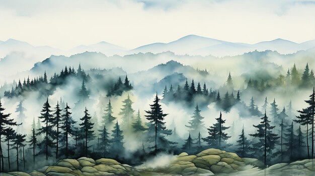 Misty morning in mountain forest